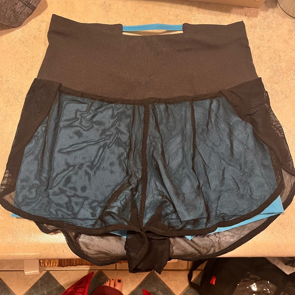 Megan Ewoldsen ME Threads Women's Black and Blue Mesh workout shorts. Sz Small